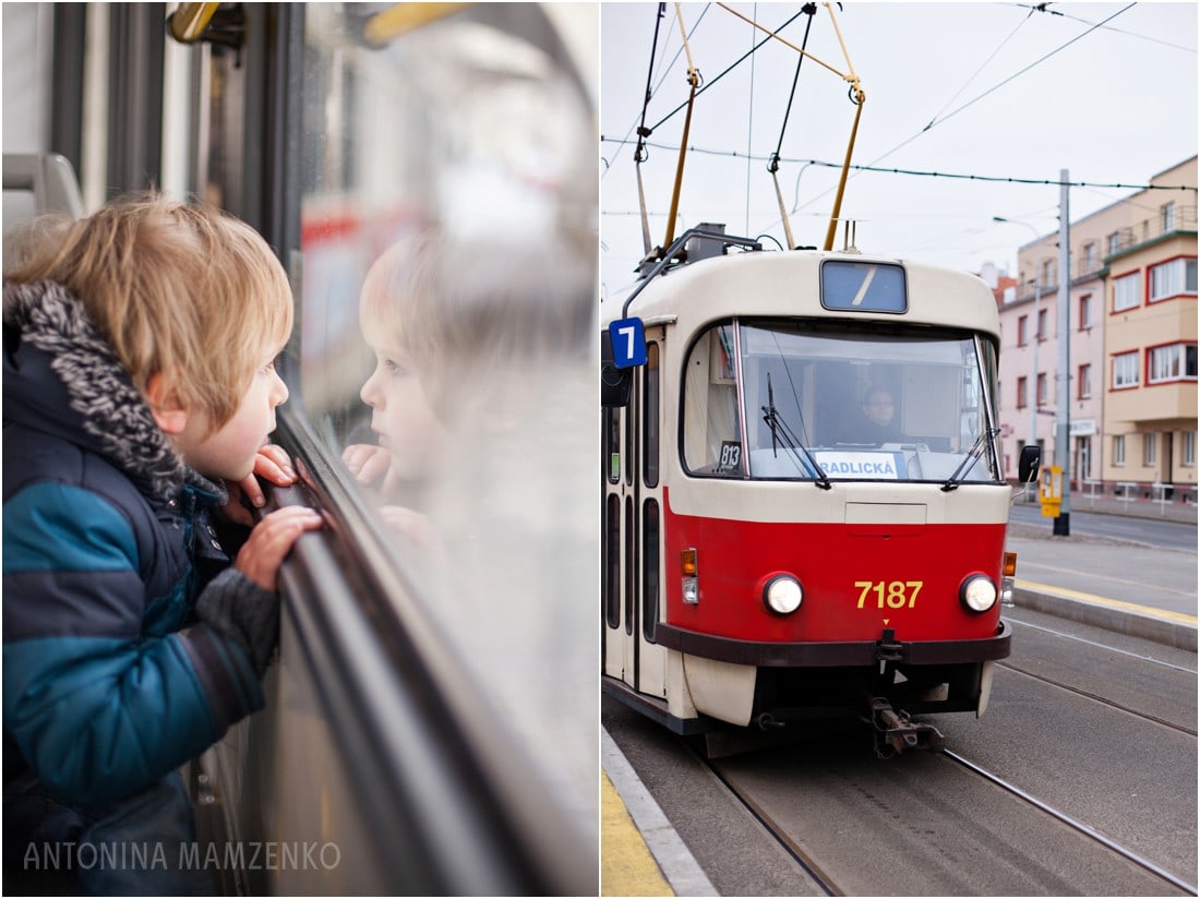 Riding a tram in Prague with kids